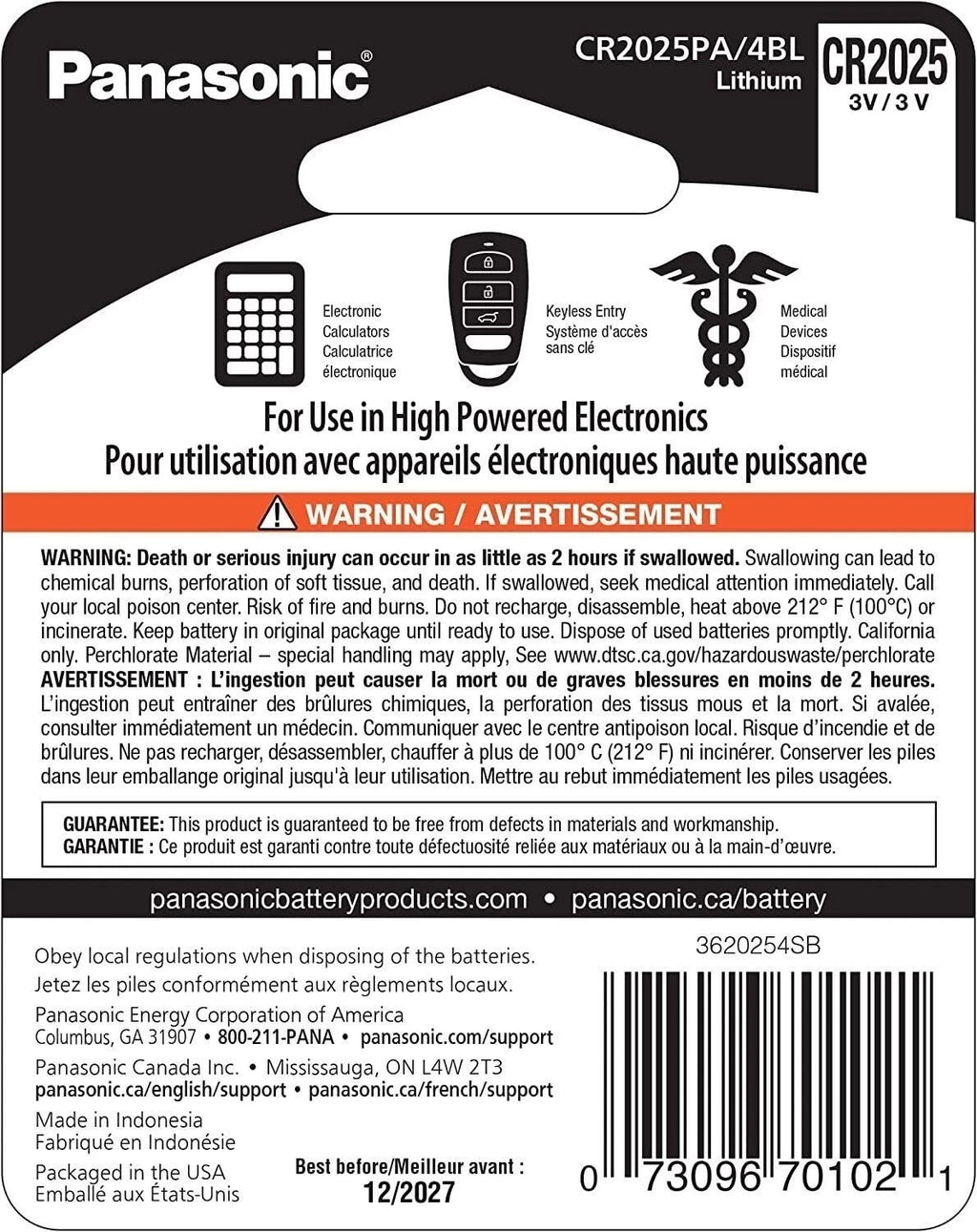 Panasonic CR2025 3.0 Volt Long Lasting Lithium Coin Cell Batteries in Child...