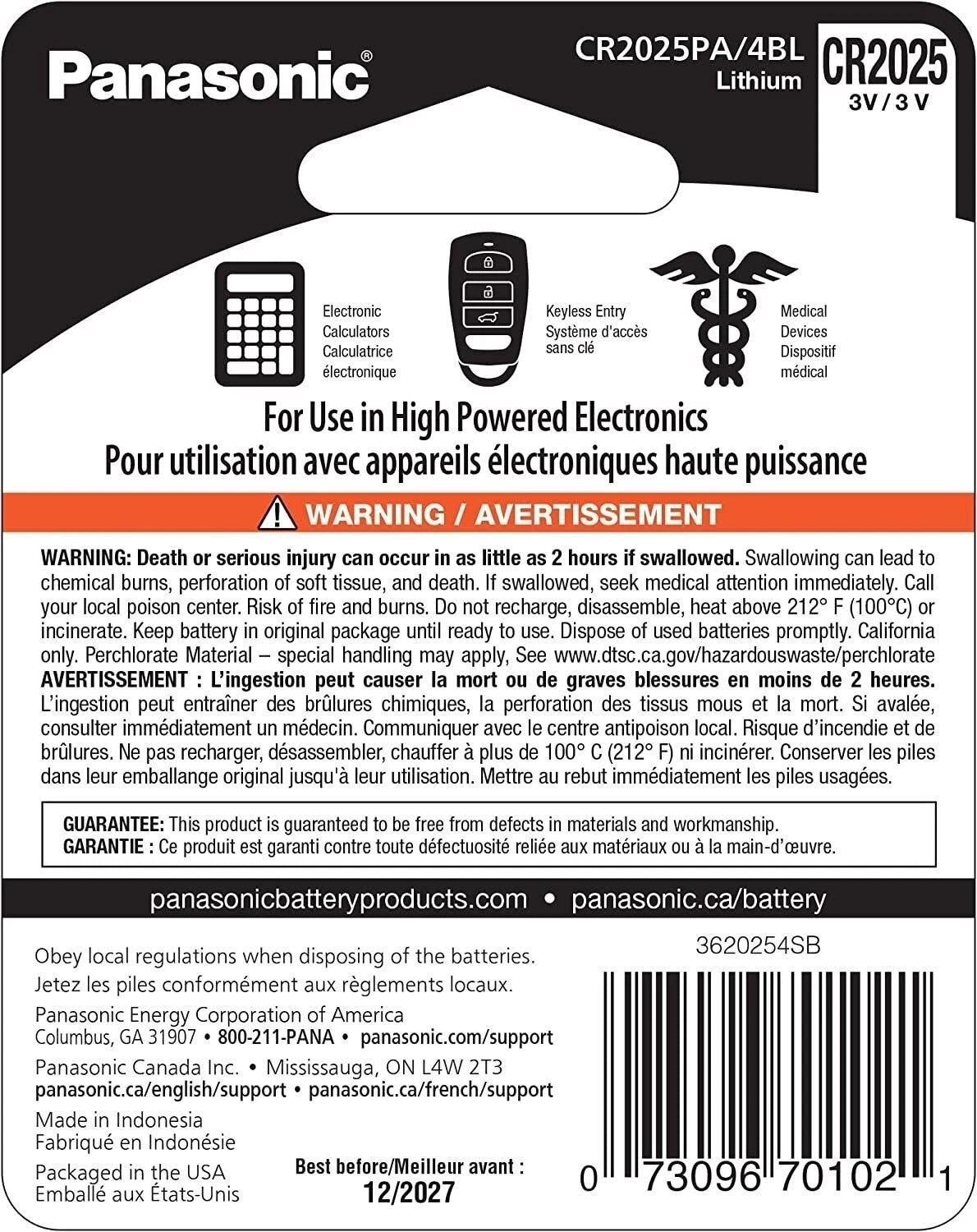 Panasonic CR2025 3.0 Volt Long Lasting Lithium Coin Cell Batteries in Child...