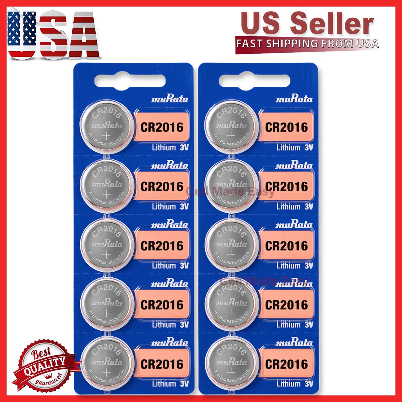 10 x SONY/MURATA CR2016 Lithium Battery 3V Exp 2030 Pack 10 pcs Coin Cell