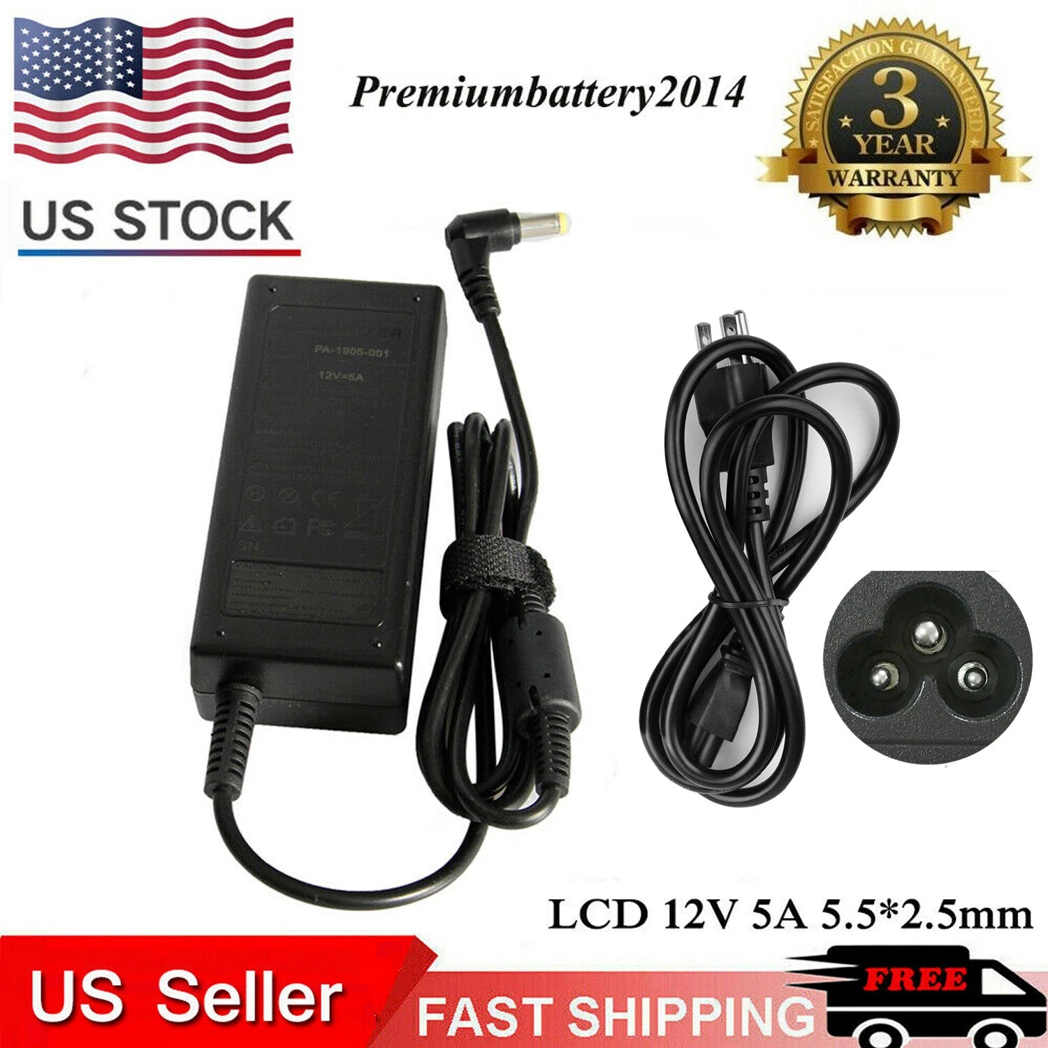 AC to DC 12 Volt 5A (12V 5A) Adapter Power for led strip LCD CCTV System Monitor