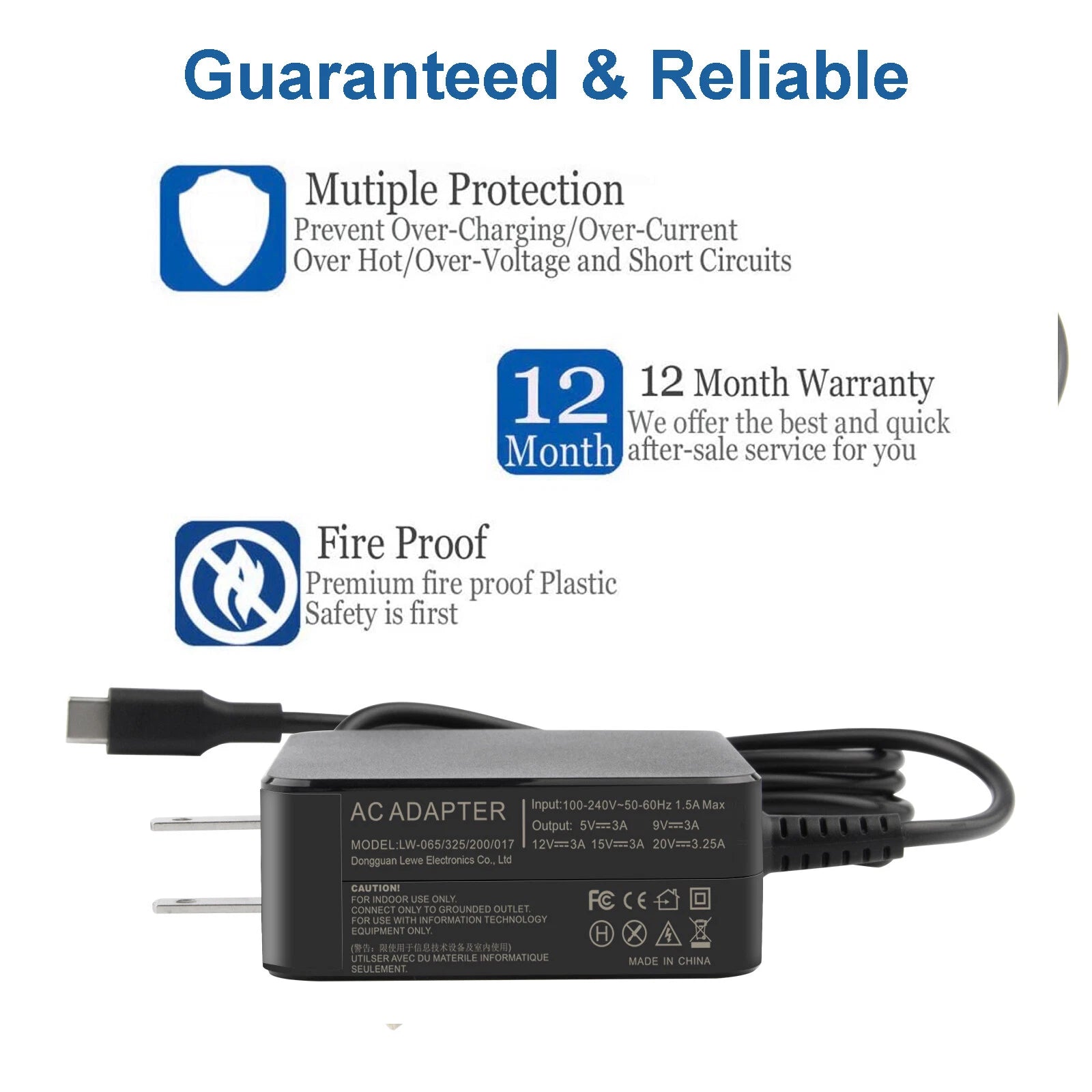 For Dell LA65NM190 AC Adapter Laptop Charger HA65NM190 65W USB Type C DA65NM190