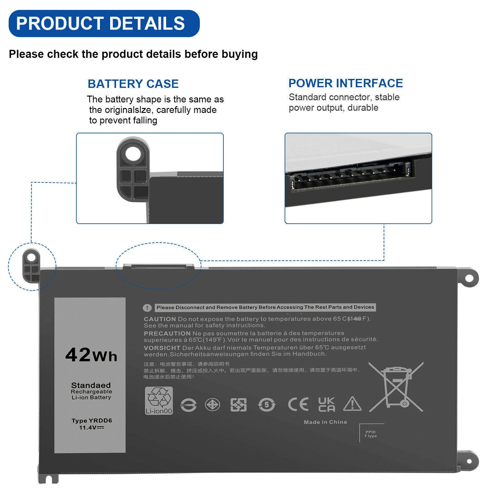 Battery YRDD6 for Dell Inspiron 3493 3582 3583 3584 3593 3793 5480 Latitude 3310