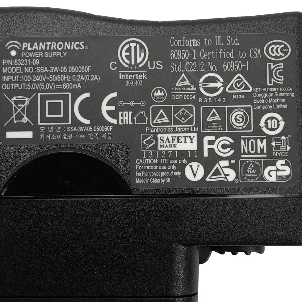 NEW Plantronics SSA-3W-05 050060F AC Adapter 5V 0.6A Power Supply 83231-09 OEM
