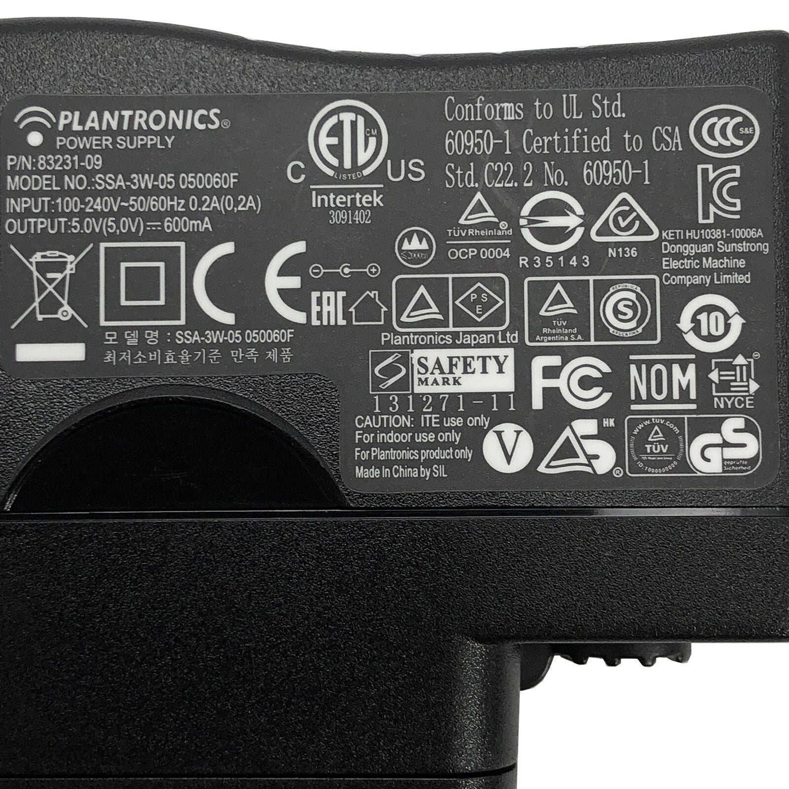 NEW Plantronics SSA-3W-05 050060F AC Adapter 5V 0.6A Power Supply 83231-09 OEM