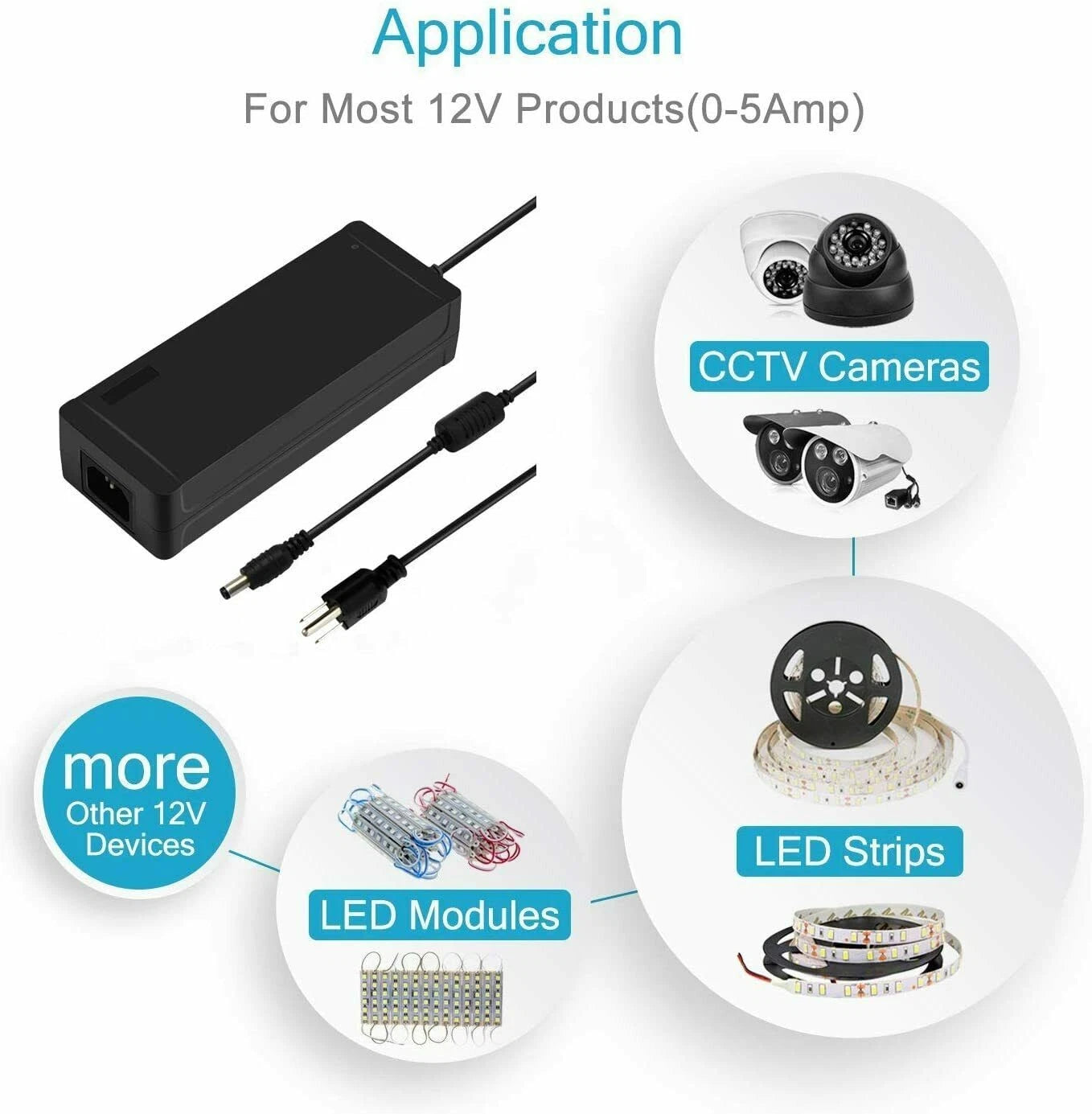 60W 12 Volt 5A AC to DC Adapter Charger Power Supply Cord LCD Monitor LED Light