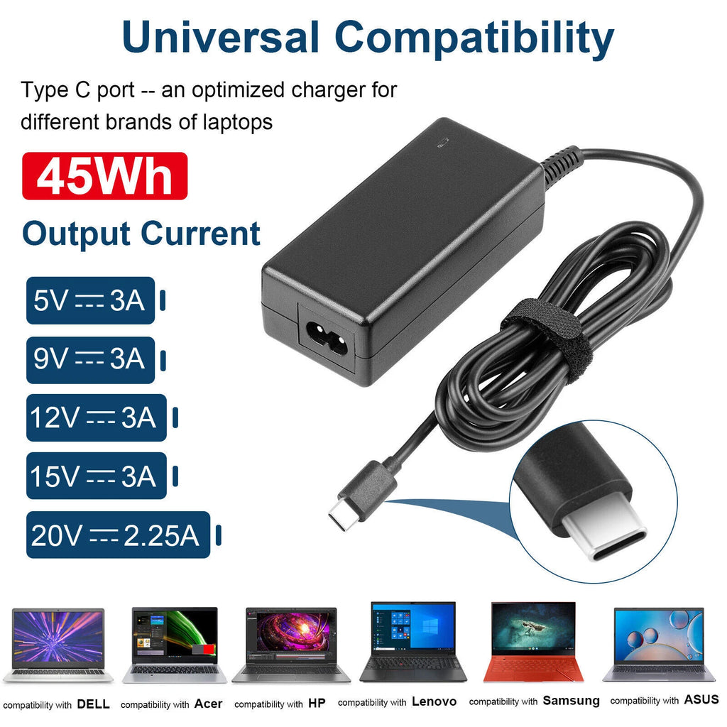 45W Type C USB C Laptop Adapter Charger For HP Chromebook Lenovo ThinkPad Yoga*
