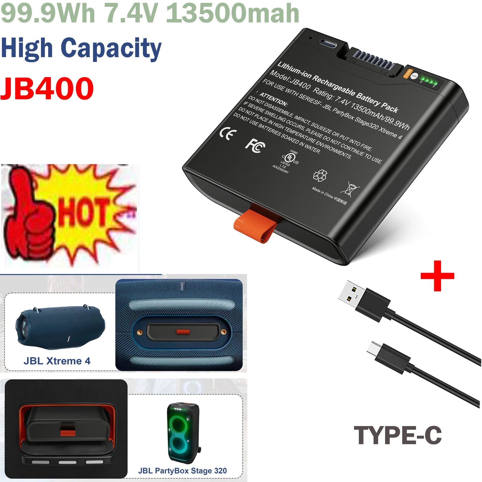 ??Replaceable JBL Battery 400 For PartyBox Stage 320 & Xtreme 4 + Charging Cable