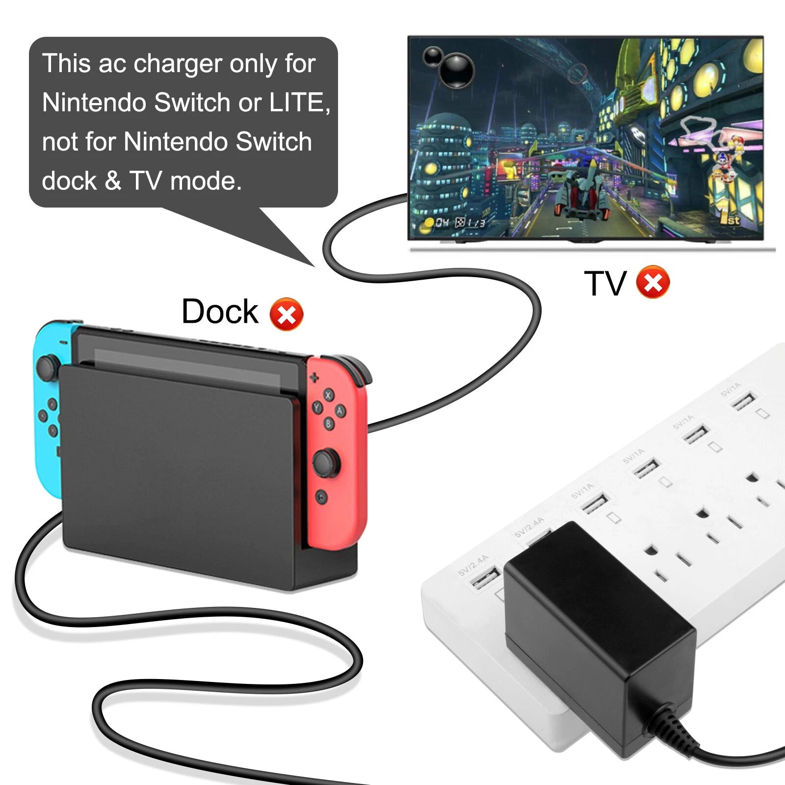 AC Adapter Home Wall Travel Charger For Nintendo Switch 110V-240V w/ Cable 2.6A