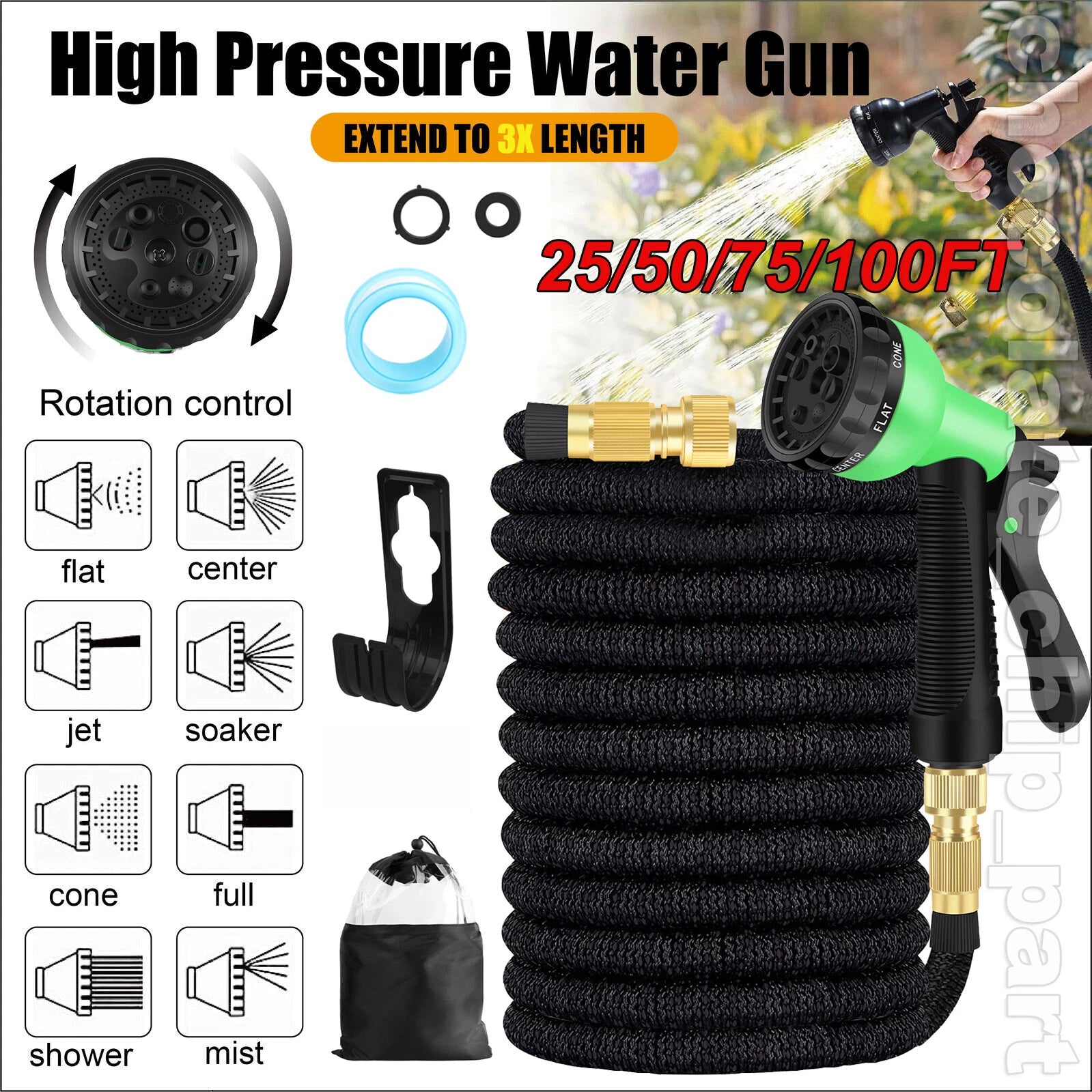 Expanding Expandable Flexible Garden Water Hose w Spray Nozzle 50,75,100,150FT