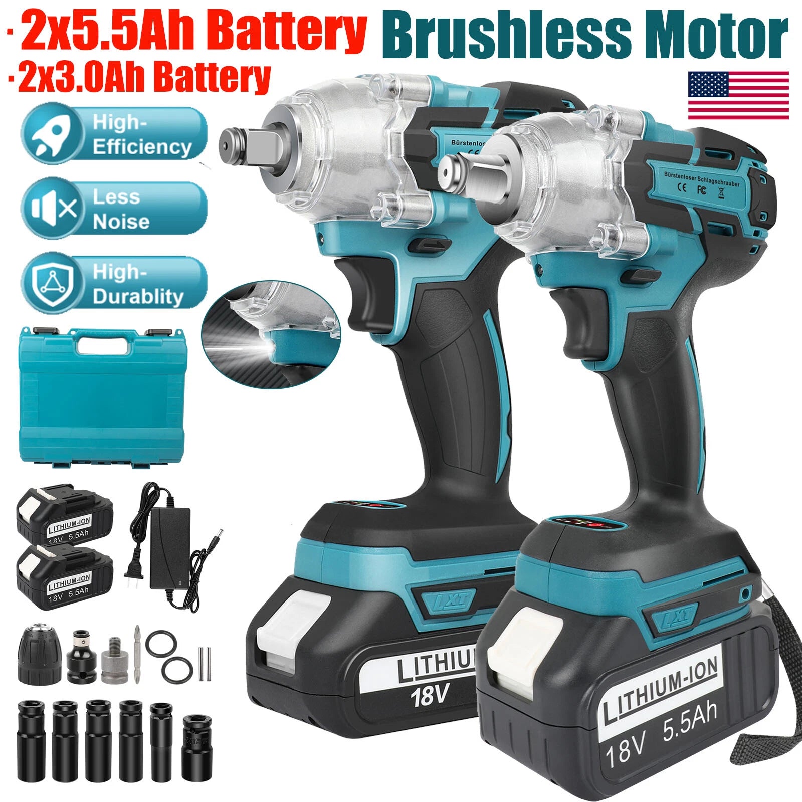 Cordless Impact Wrench Set 1/2" Drive Brushless 2x5.5Ah Battery for Makita 18V