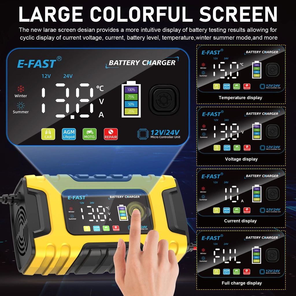 12V 24V Car Smart Battery Charger 7-Stage Automstic Lead-acid Lifepo4 AGM/GEL US