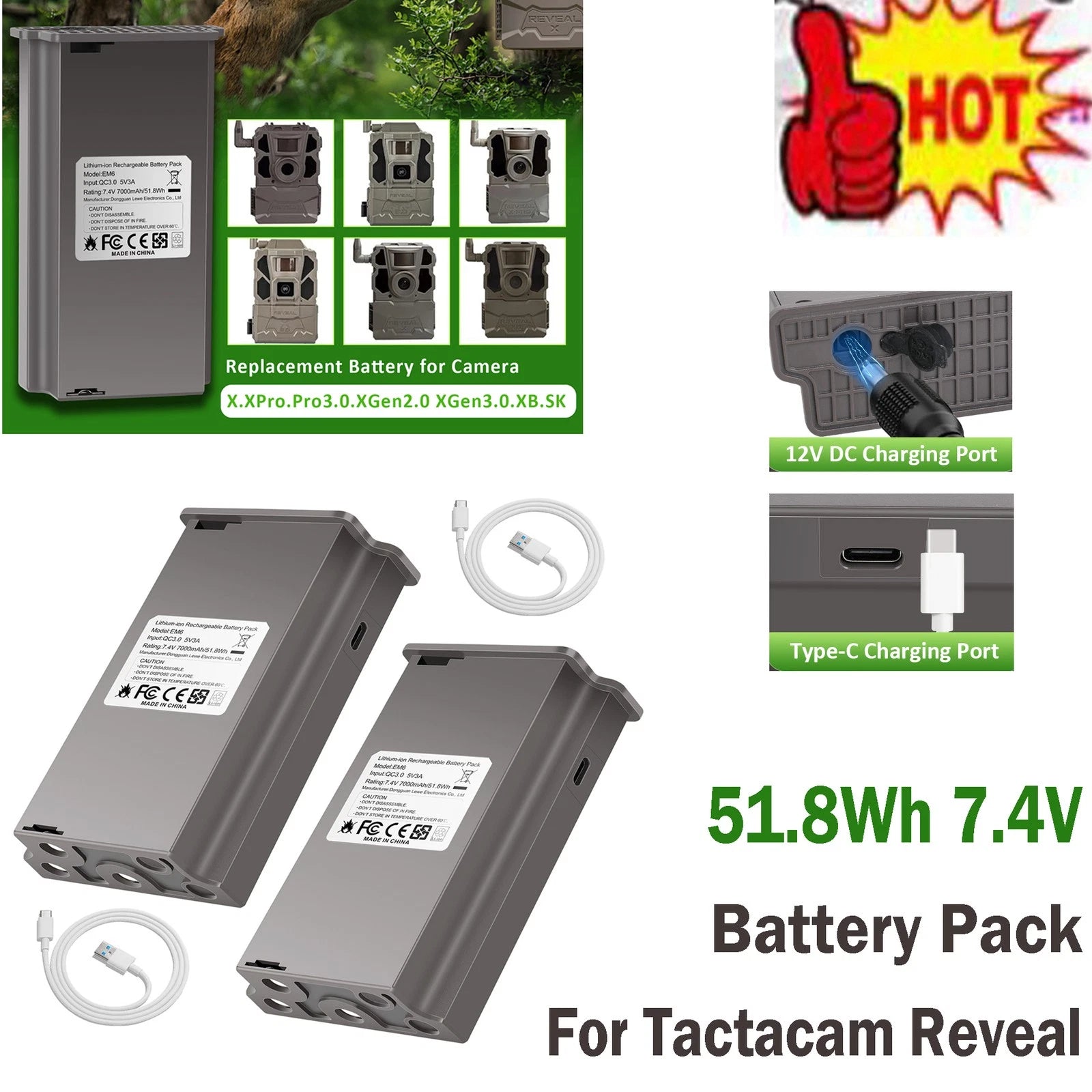Rechargeable Battery Pack For Tactacam Reveal Trail Camera X Gen 2.0,3.0,X,X Pro