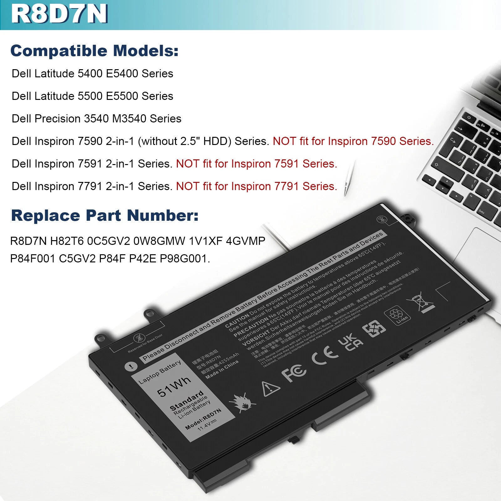 51Wh R8D7N Battery For Dell Precision 3540 3550 Latitude 5400 5500 5510 5410
