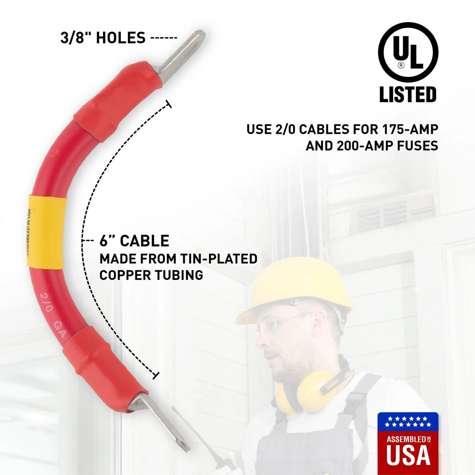 2/0 Red Battery Interconnect Cable 6" with 3/8" Lugs ASSEMBLED IN USA