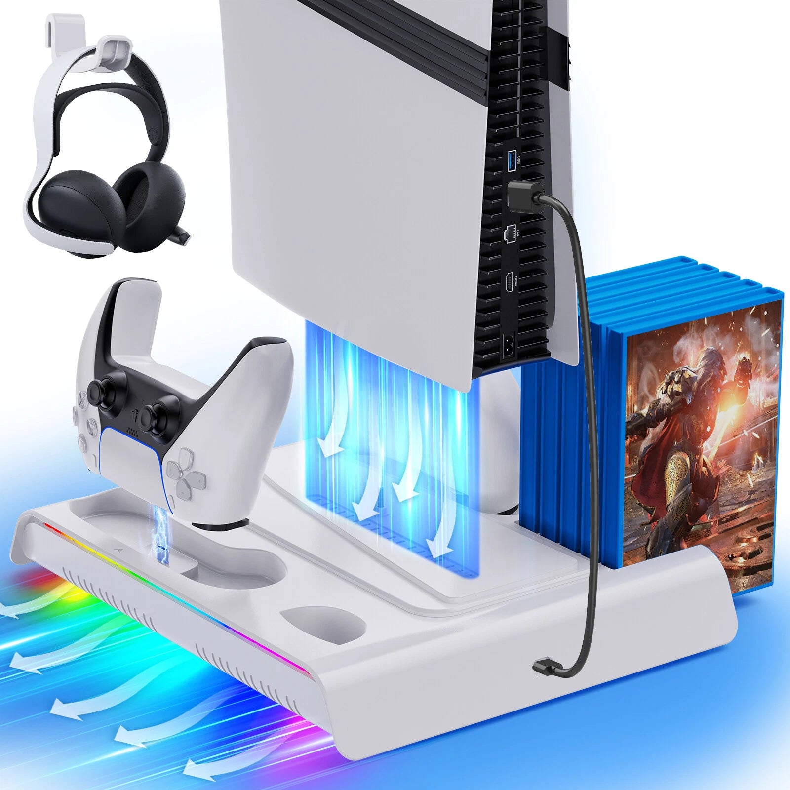 For PS5/PS5 Slim/PS5 Pro Vertical Cooling Fan Stand Controller Charger Station