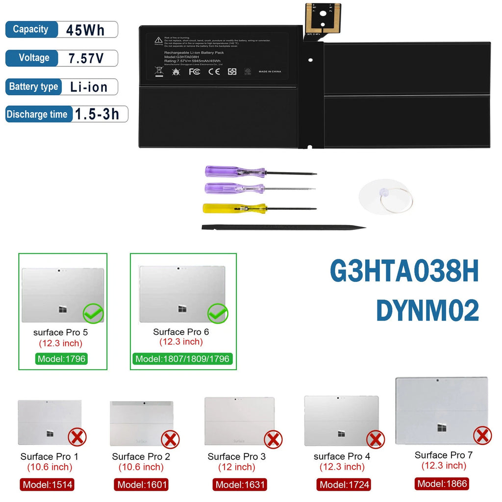 Battery G3HTA038H For Microsoft Surface Pro 5 6 Model 1796 1807 1809 DYNM02 45WH
