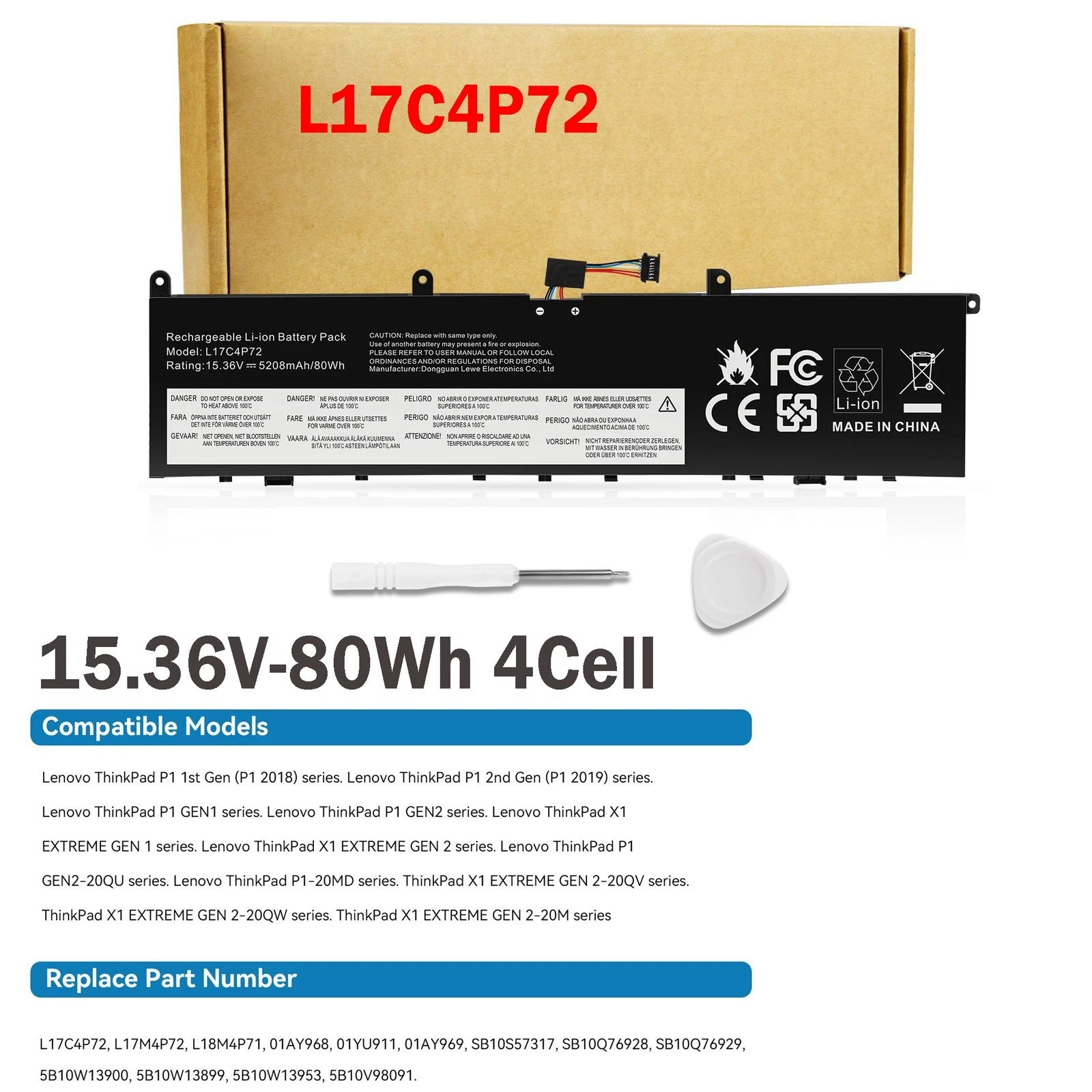 Replace L17C4P72 01AY969 Battery For Lenovo ThinkPad X1 Extreme 1st/2nd Gen 80Wh