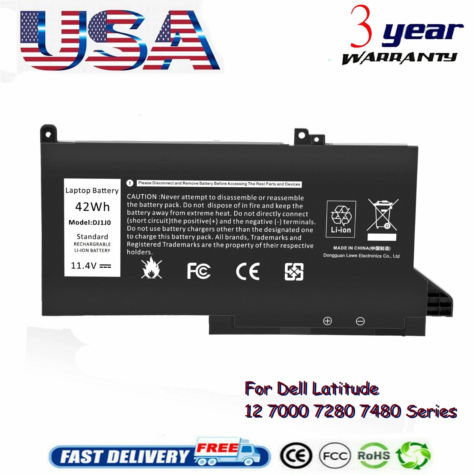 Battery DJ1J0 PGFX4 For Dell Latitude 12 7280 7290 13 7380 7390 14 7480 7490