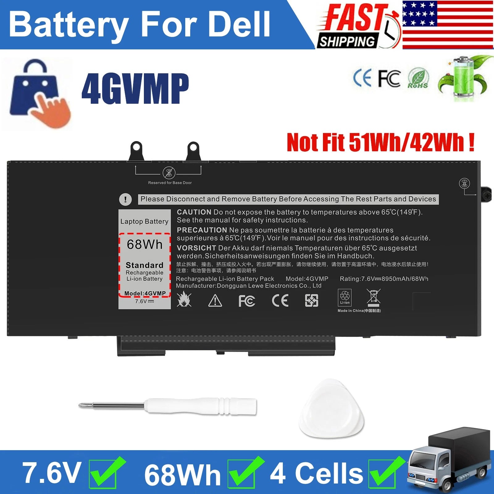 ?4GVMP Battery For Dell Latitude 5400 5500 5510 Precision 3540 9JRYT C5GV2 68Wh