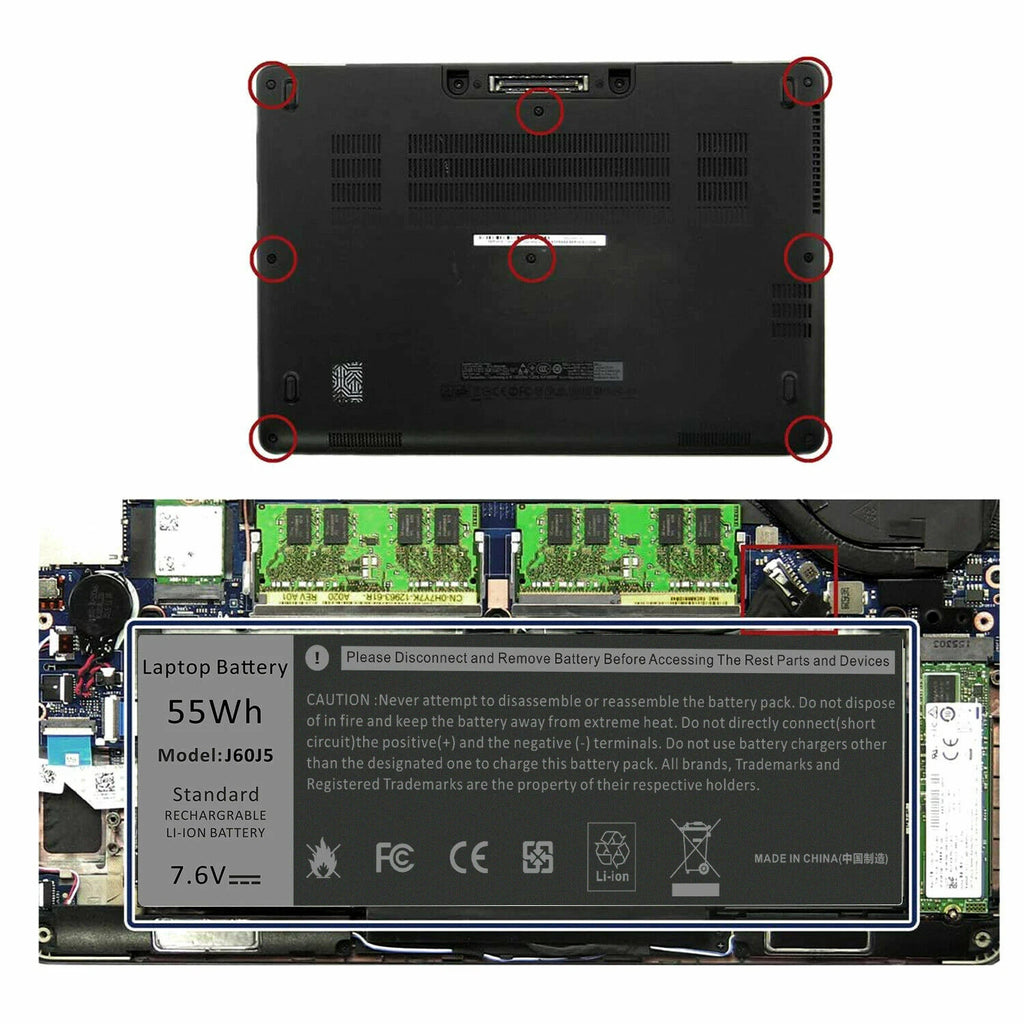 55Wh Laptop Battery For Dell Latitude E7270 E7470 Series R1V85 MC34Y 7.6V J60J5