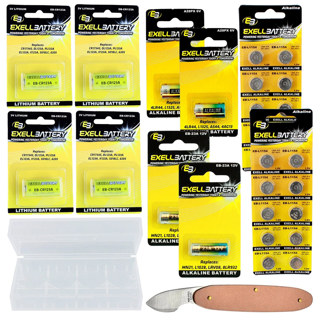 30pc Essential Batteries Kit 23A L1154 A28PX 123A & Battery Case, Watch Opener