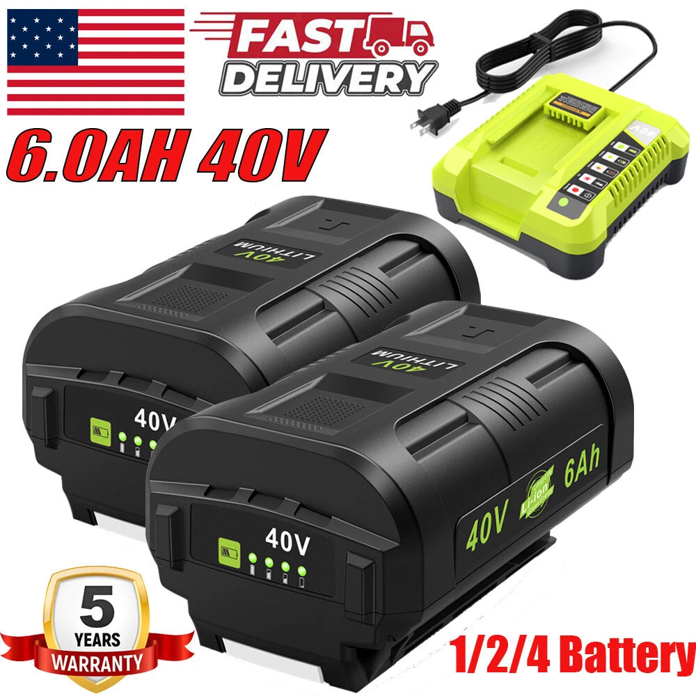 For Ryobi 40V 6.0AH Battery & Charger Lithium-Ion 40-Volt With LED OP4060 OP4026