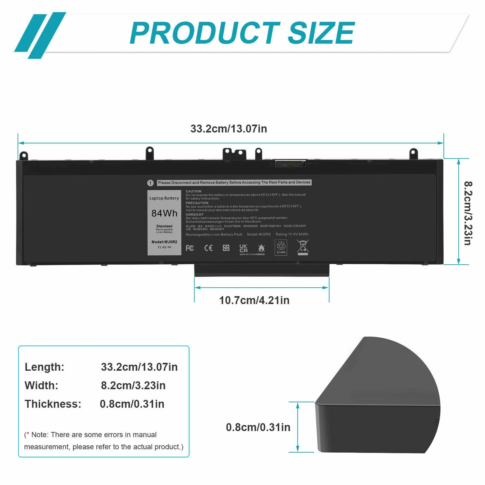 New WJ5R2 Battery for Dell Latitude 5570 E5570 Precision 3510 Series 4F5YV 84Wh