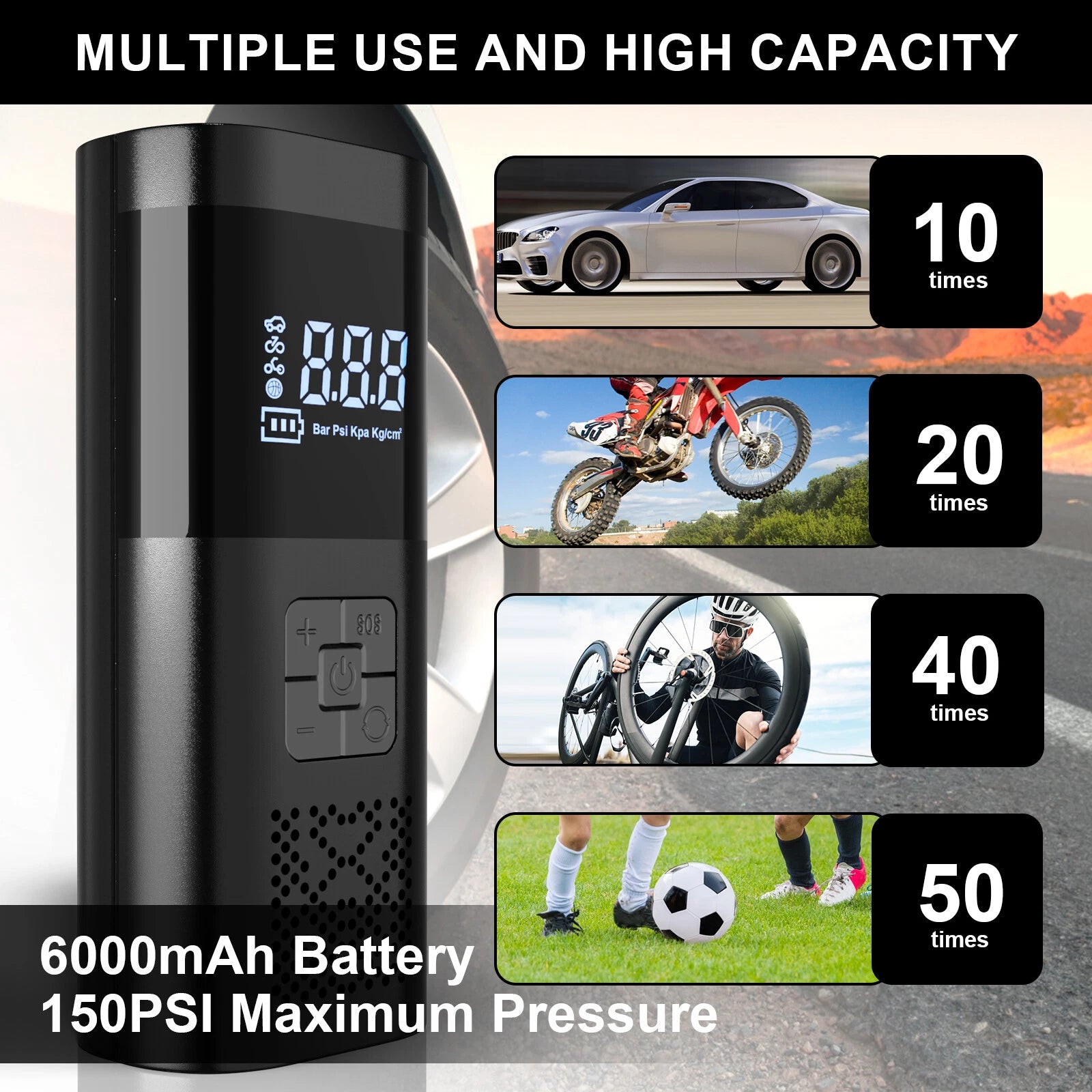 Cordless Tire Inflator Air Compressor Air Pump 6000mAh Rechargeable Battery