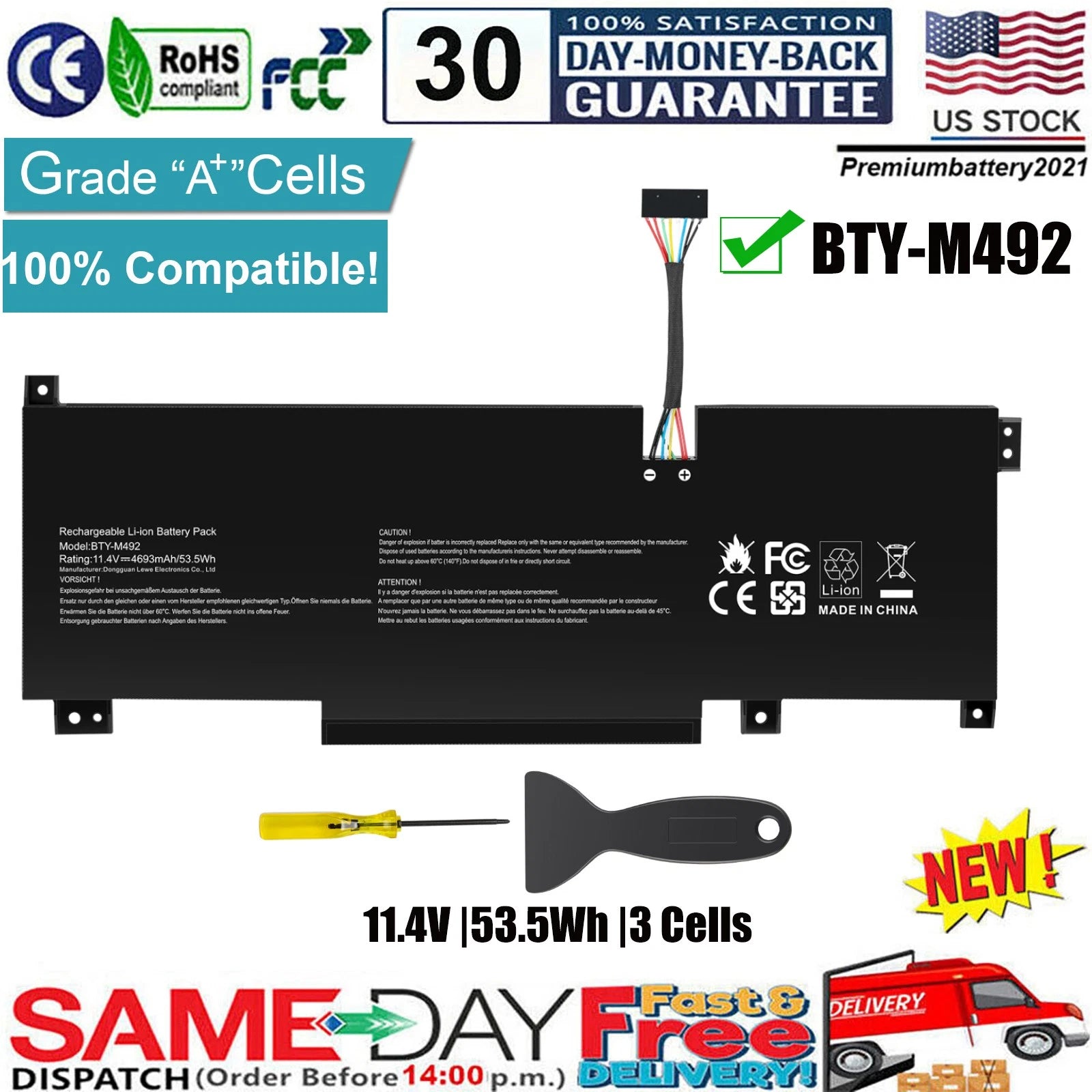 ?BTY-M492 Battery For MSI Pulse GL66 GL76 Katana GF66 Sword 15 A11U WF66 53.5Wh