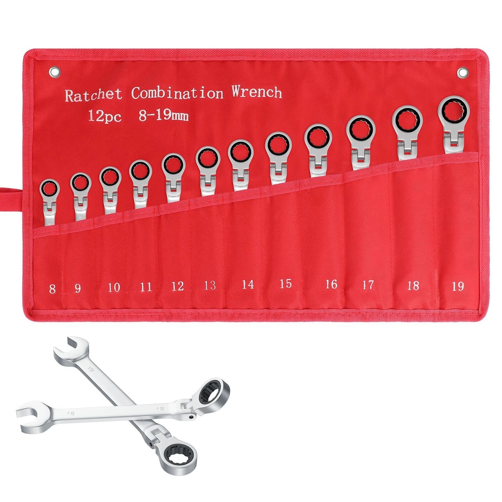 12Pc Metric Flexible Head Ratcheting Spanner Wrench Tool Set 8-19mm+Roll Bag2026