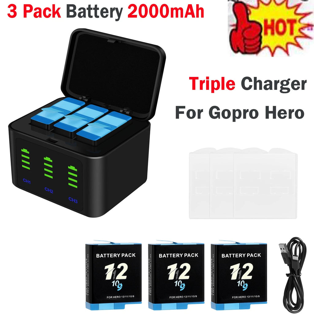 ??3-Pack Hero Battery & Triple Batteries Charger For GoPro Hero 12/11/10/9 Black