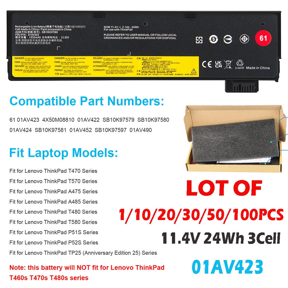 LOT OF 01AV423 61 Battery For Lenovo Thinkpad T470 T480 T570 T580 P51S P52S 24Wh
