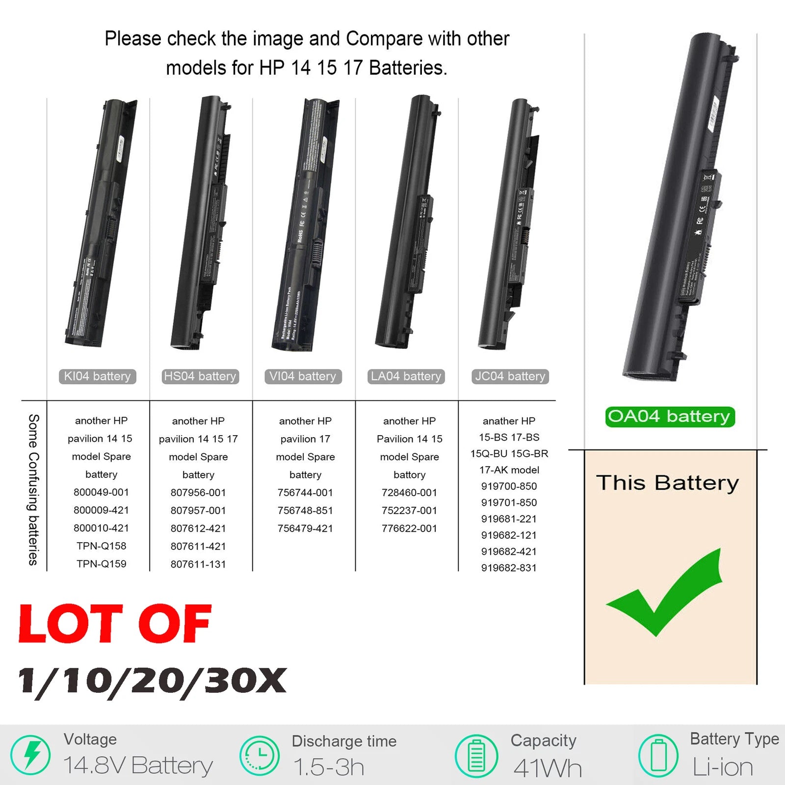 ??LOT 30X OA03 OA04 Spare Laptop Battery For HP 746641-001 740715-001 746458-421
