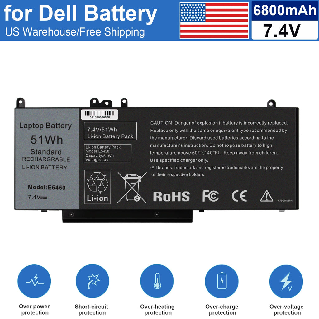 G5M10 WYJC2 8V5GX Laptop Battery for Dell Latitude E5450 E5550 15.6" 7.4V 51Wh