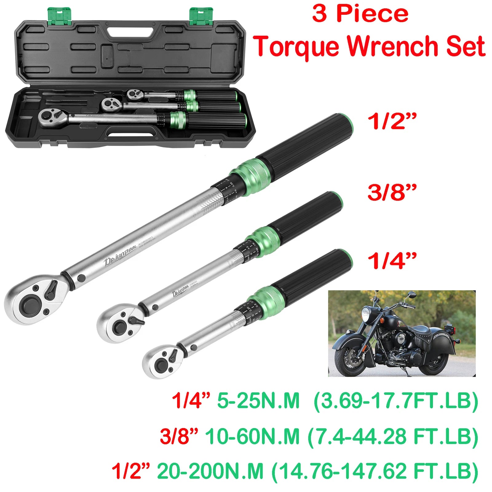 ??1/4"+3/8"+1/2" 3Pc Torque Wrench Set ±3% Accuracy 5-25Nm 10-60Nm 20-200Nm-2026