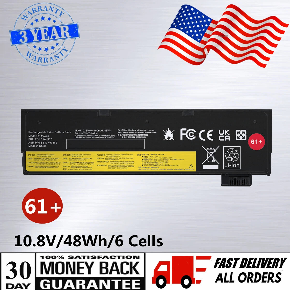 61+ 01AV422 01AV423 01AV424 01AV425 Battery For Lenovo Thinkpad T470 T570 48Wh