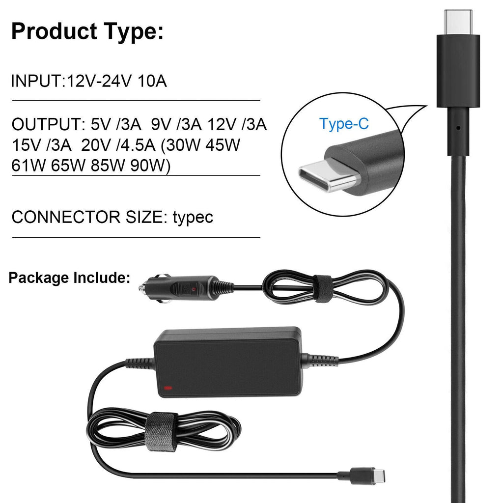 90W USB-C/Type-C CAR Power Adapter Laptop Charger For Macbook Dell Lenovo HP