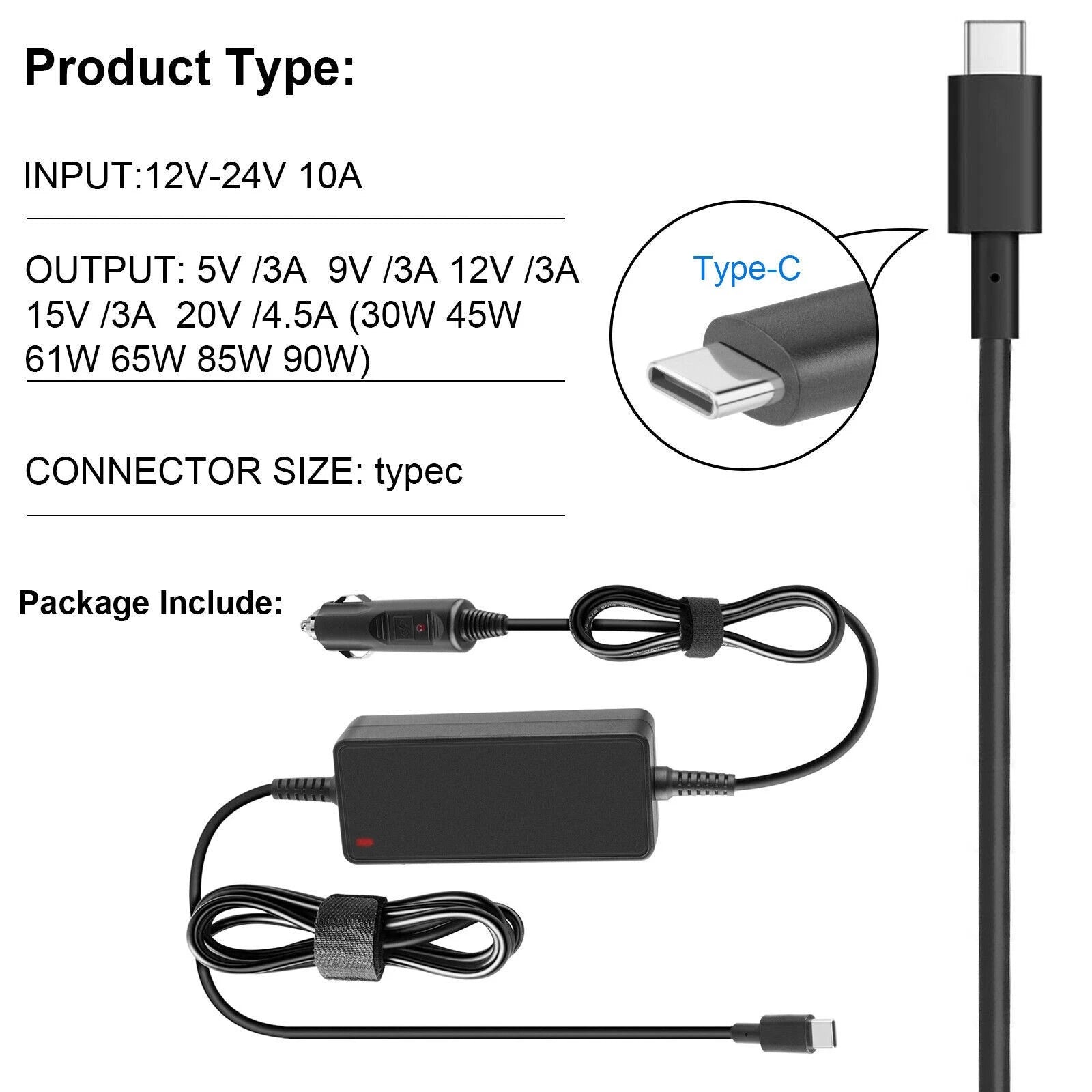 90W USB-C/Type-C CAR Power Adapter Laptop Charger For Macbook Dell Lenovo HP