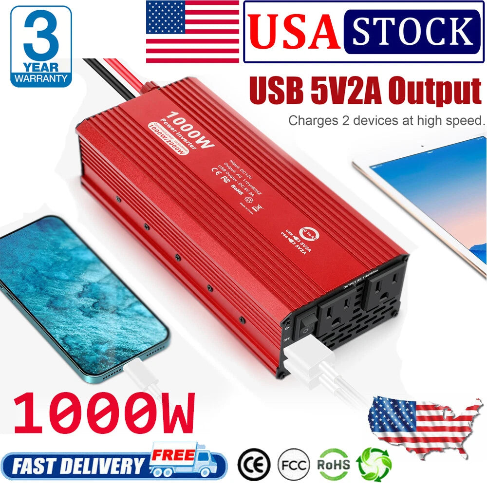 1000W 2000W Power Inverter DC 12V to AC 110V Adapter Car RV Solar Converter 2USB