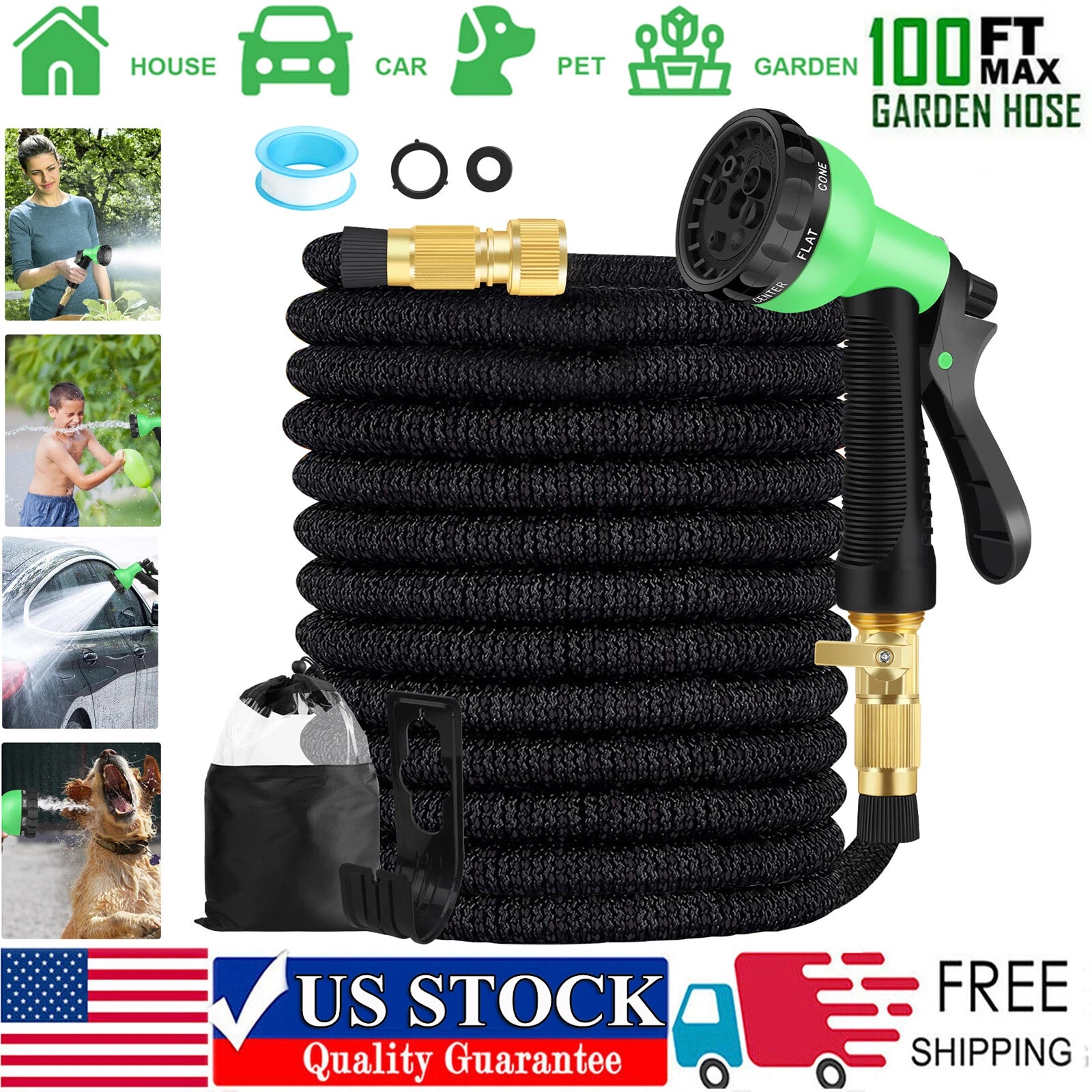 100FT Flexible Expandable Garden Water Hose Pipe Car Wash With Spray Nozzle Gun