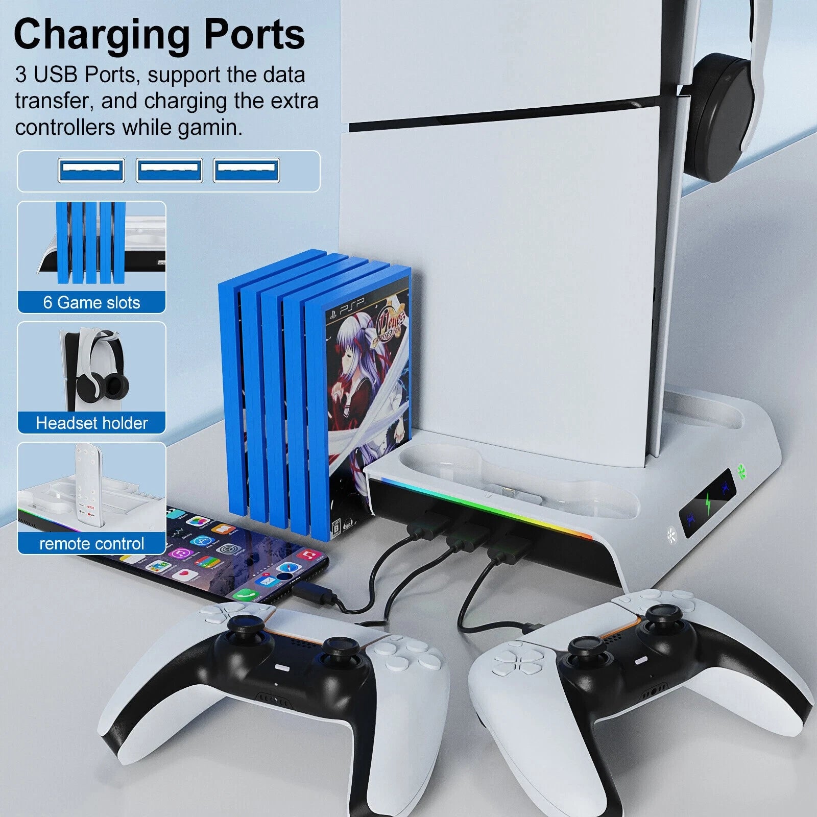 PS5 Slim Stand Cooling Fan PS5 Controller Charging Station for Sony Playstation5