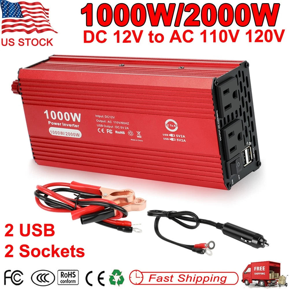 1000W-2000W Car Power Inverter Converter DC 12V to AC 110V 120V 2 USB 2 Outputs