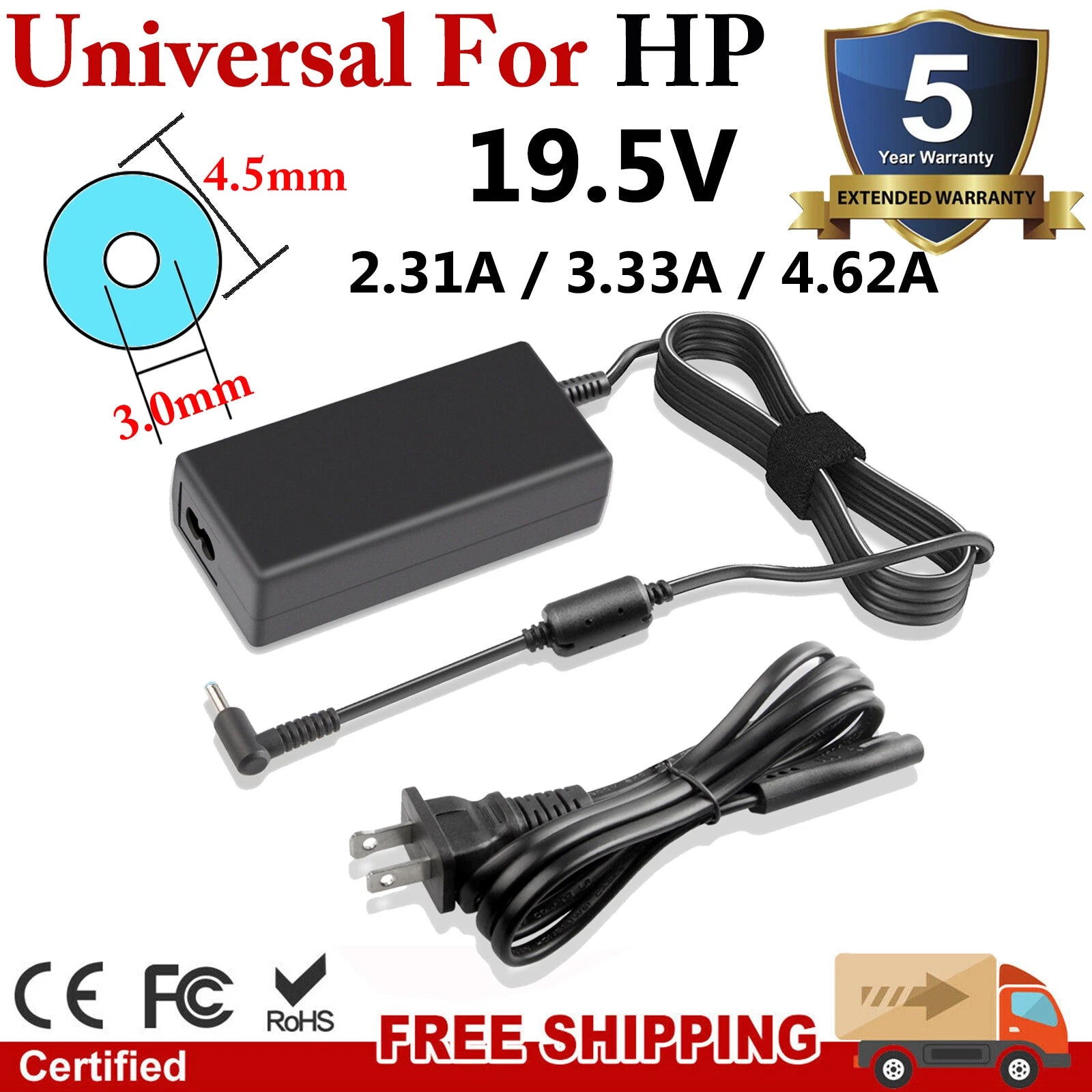 Universal for HP Laptop Power Adapter Charger 19.5V 2.31A, 3.33A, 4.62A Blue Tip