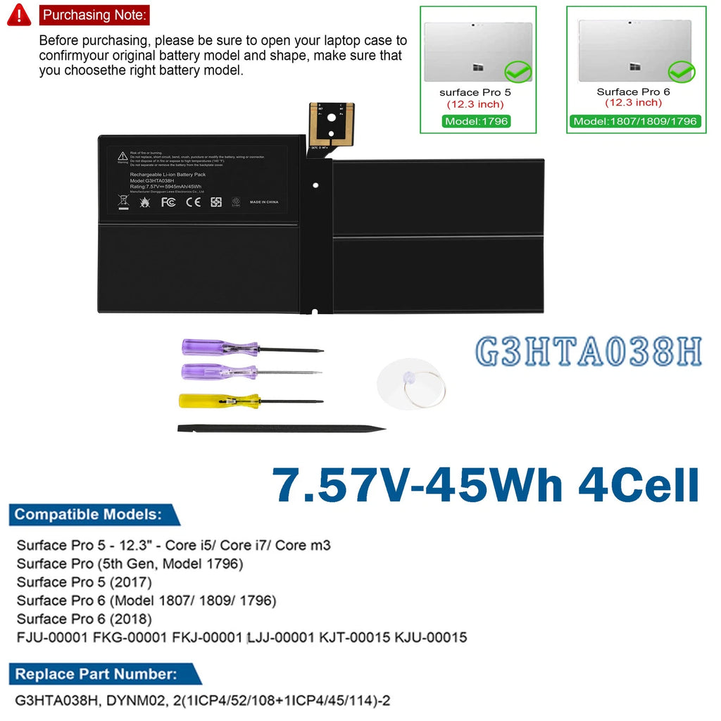 G3HTA038H Battery for Microsoft Surface Pro 5 Pro 6 1796 Pro 6 1807 1809 DYNM02