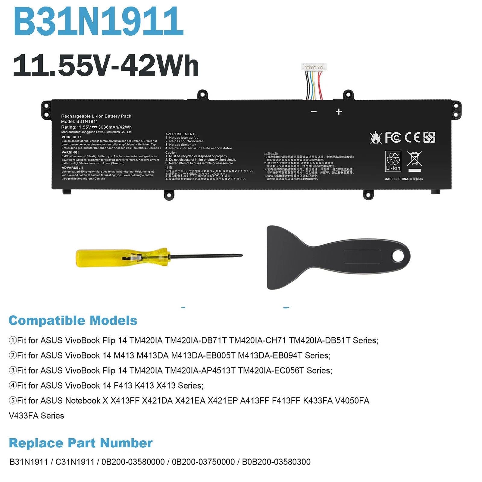 Battery B31N1911 C31N1911 For ASUS VivoBook Flip TM420 M413DA X421 X413 F413 42W