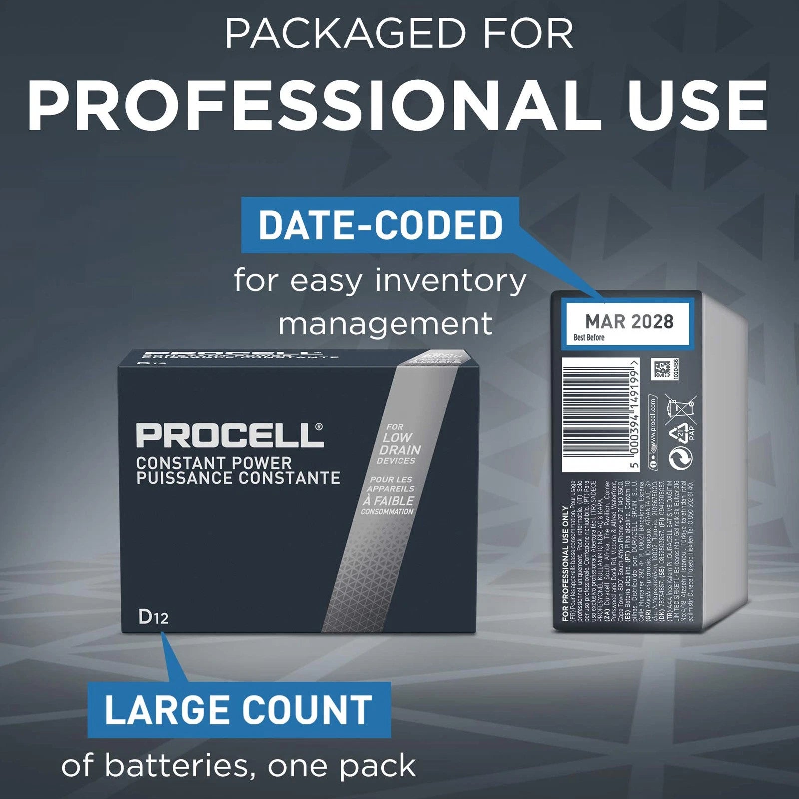 12pc Duracell PROCELL Constant Power PC1300 1.5V D Everyday Alkaline Batteries