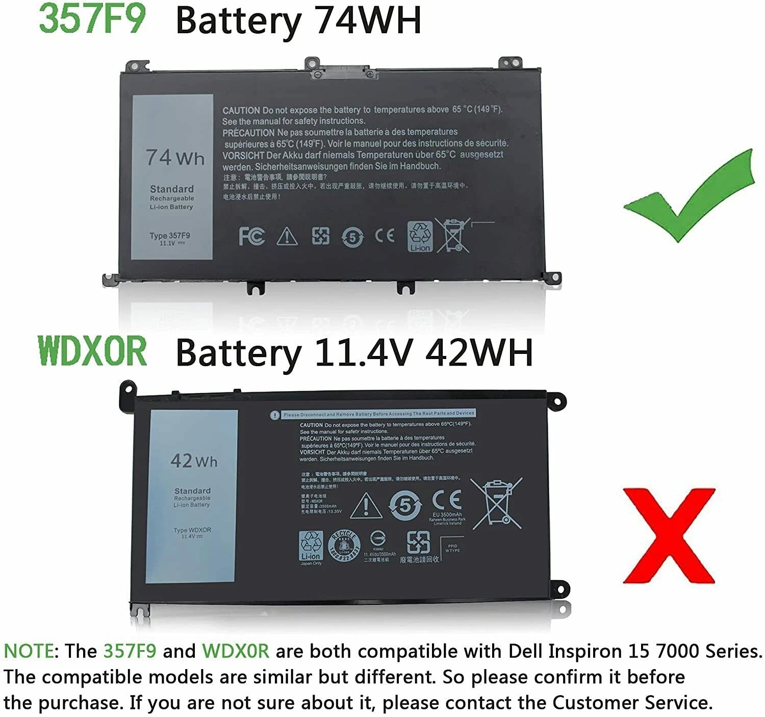 357F9 Battery for Dell Inspiron 15 5576 5577 7566 7567 7557 7559 71JF4 0GFJ6 74W