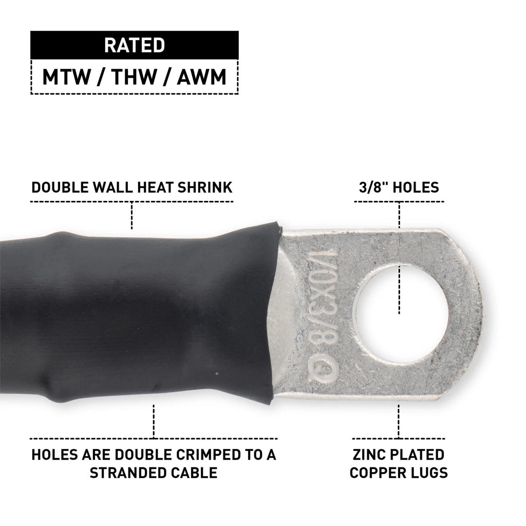1/0 Black Battery Interconnect Cable 6" with 3/8" Lugs ASSEMBLED IN USA