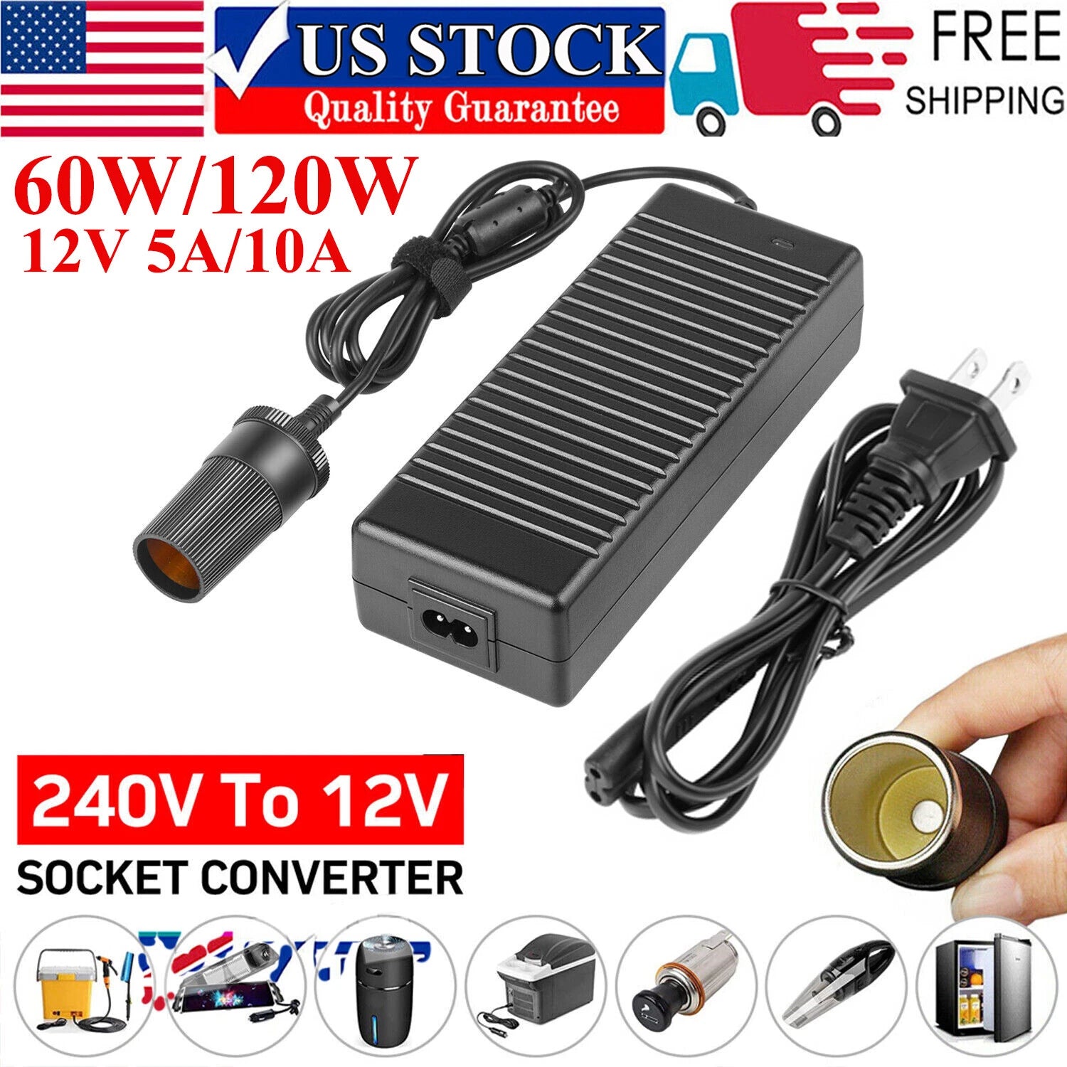 Power Converter AC 240V to DC 12V 5A/10A Socket Adapter Car Cigarette Lighter US