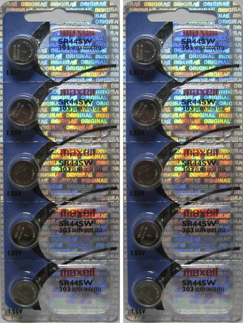 10 Maxell 303 SR44SW Silver Oxide Batteries Hologram
